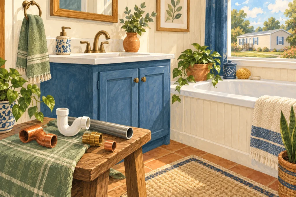 Illustrated manufactured home bathroom with sink, bathtub and closed vanity.