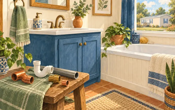 Illustrated manufactured home bathroom with sink, bathtub and closed vanity.