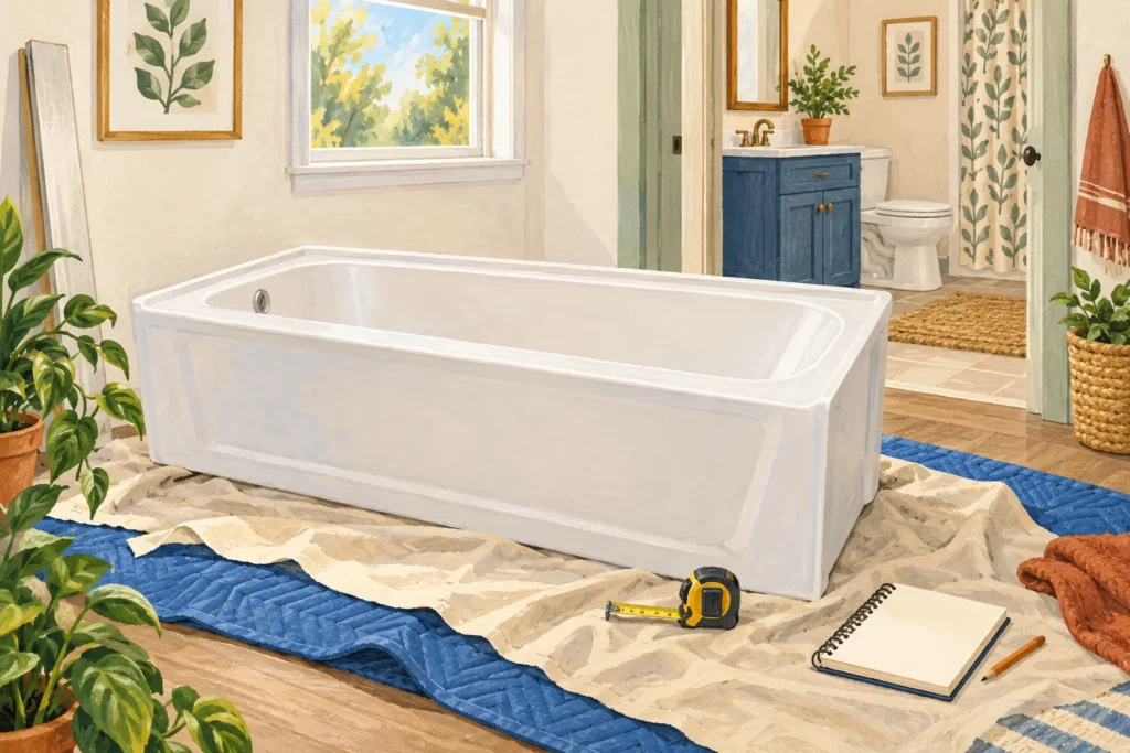 Illustration of a separate bathtub with a tape measure and planning notebook
