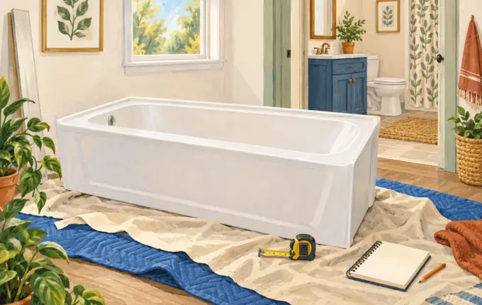 Illustration of a separate bathtub with a tape measure and planning notebook