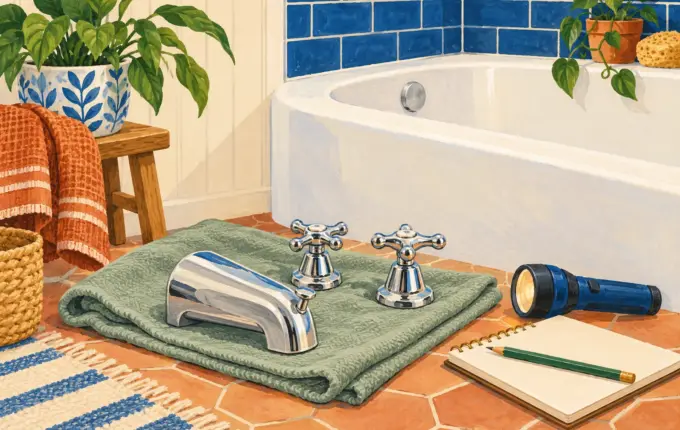 Illustration of separate bathtub faucet handles and spout