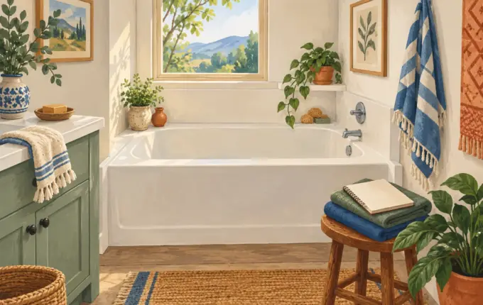 Illustration of an alcove bathtub in a manufactured home bathroom
