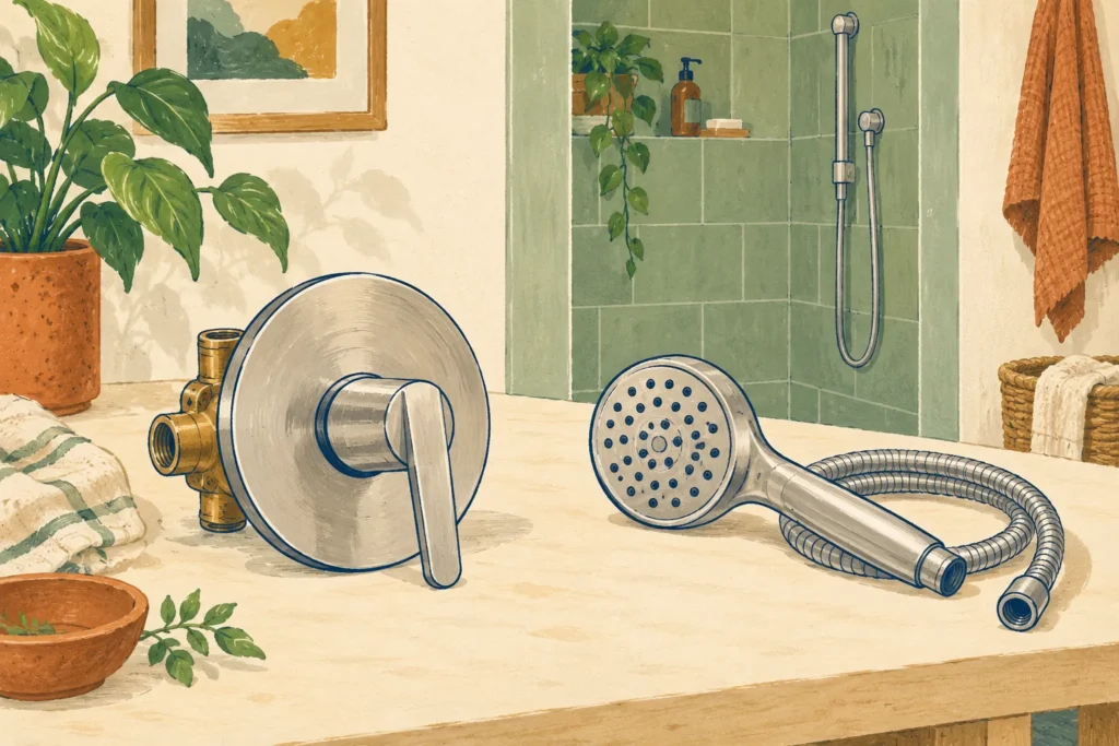 Illustration of a shower faucet control and separate handheld shower head