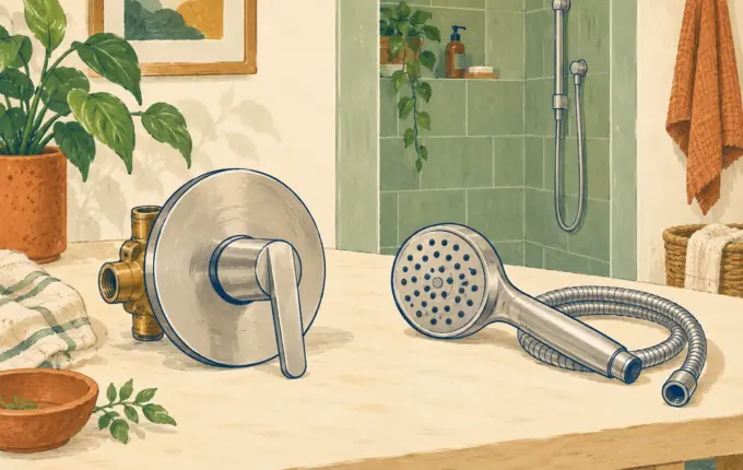 Illustration of a shower faucet control and separate handheld shower head