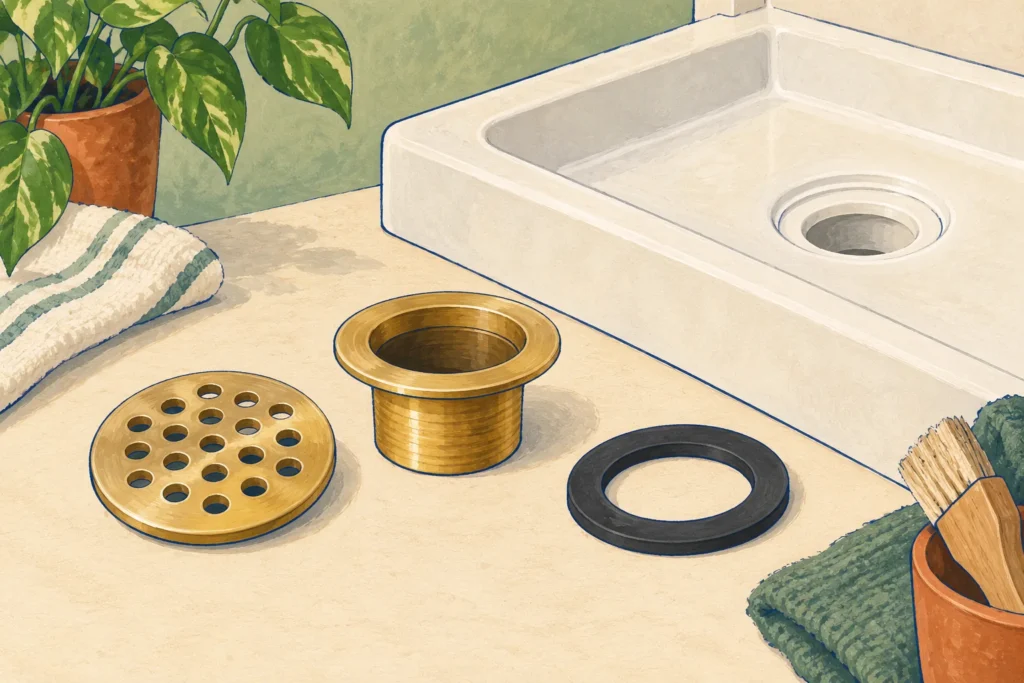 Illustration of separate shower drain parts beside a preformed pan