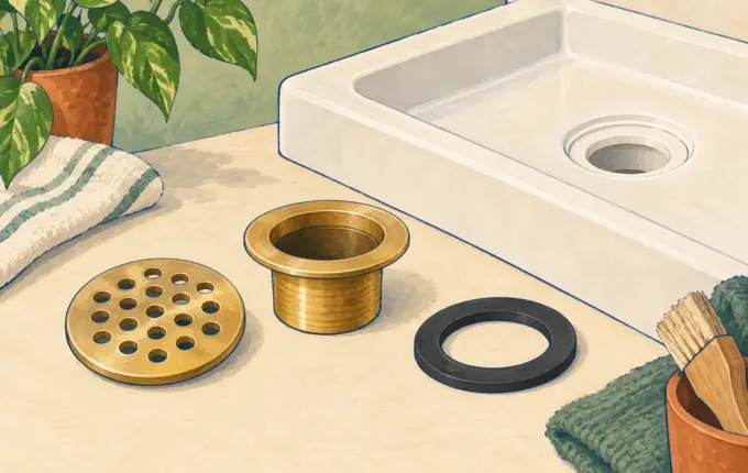 Illustration of separate shower drain parts beside a preformed pan