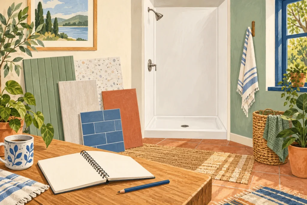 Illustration of a shower base and wall panels prepared for project planning