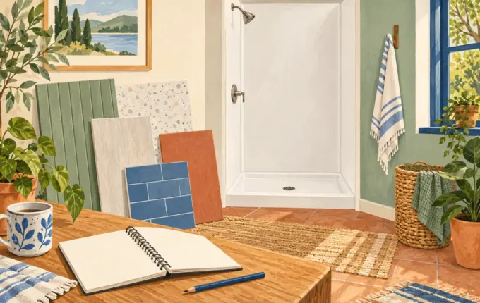 Illustration of a shower base and wall panels prepared for project planning
