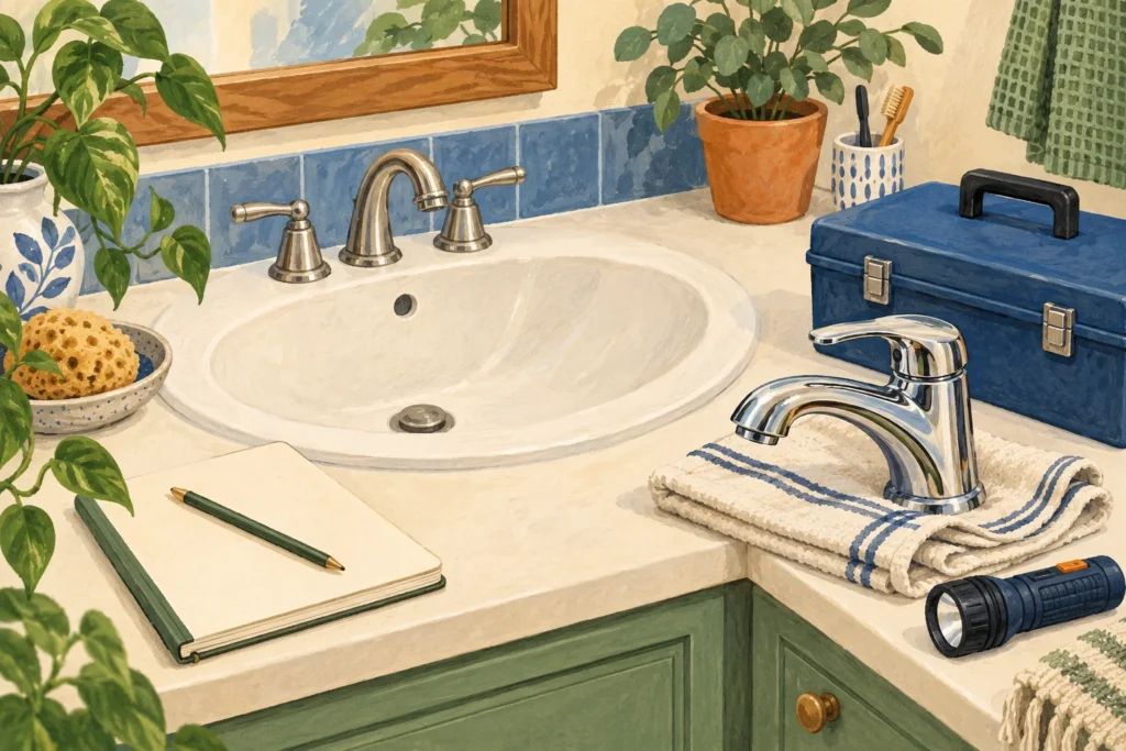 Illustration of a replacement faucet and tools beside an intact sink