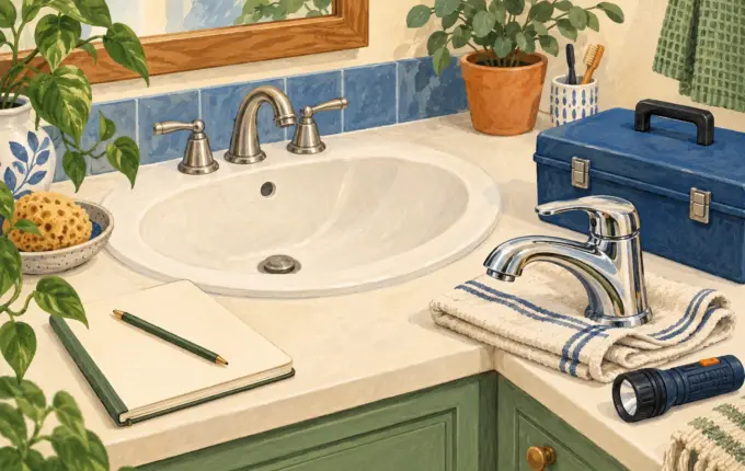 Illustration of a replacement faucet and tools beside an intact sink
