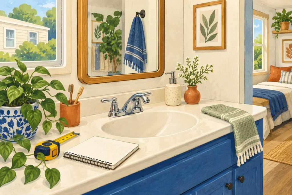 Illustration of a bathroom sink faucet beside a fit planning notebook