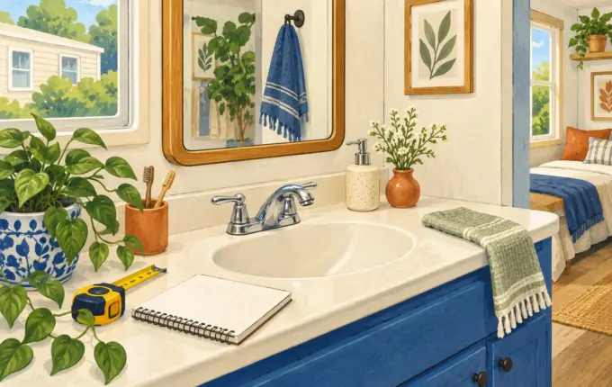 Illustration of a bathroom sink faucet beside a fit planning notebook