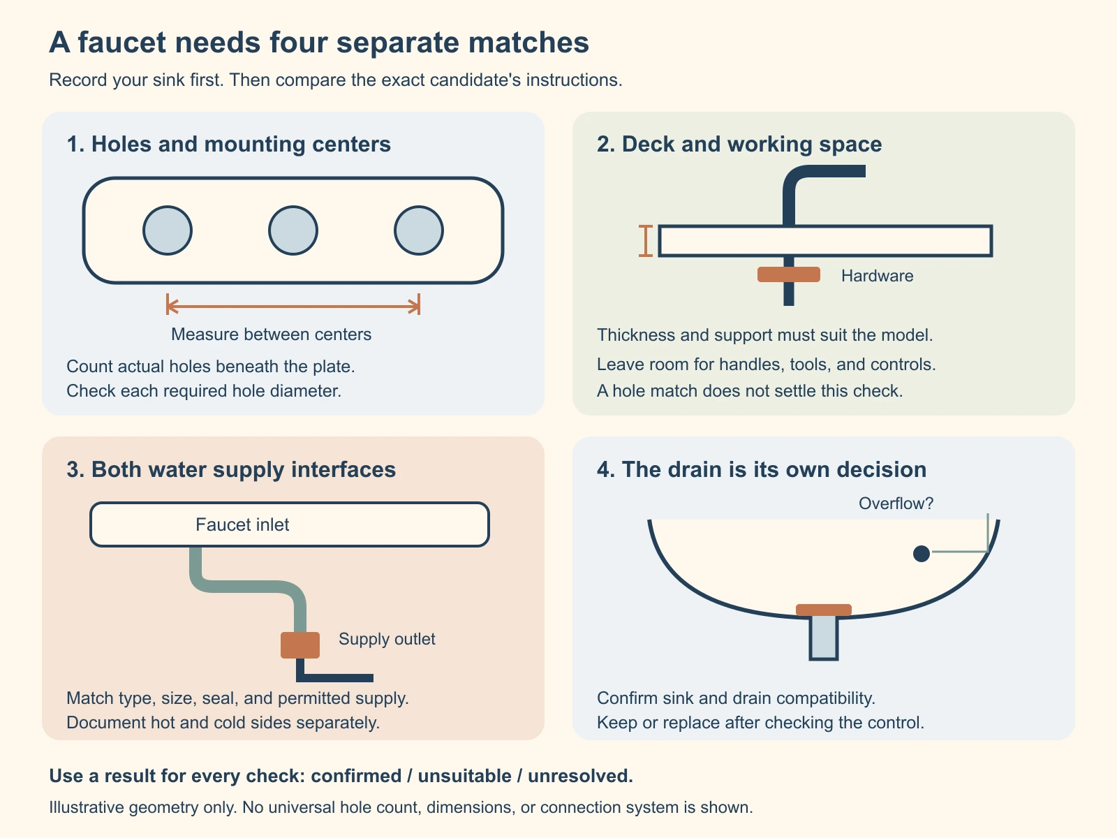 Four separate faucet fit checks: sink holes, deck and access, water supply connections, and drain compatibility.