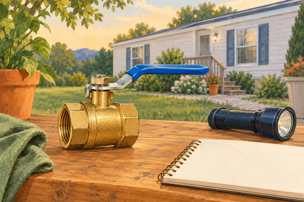 An isolated brass water shutoff valve, flashlight and inspection notebook.