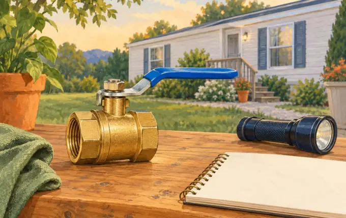 An isolated brass water shutoff valve, flashlight and inspection notebook.