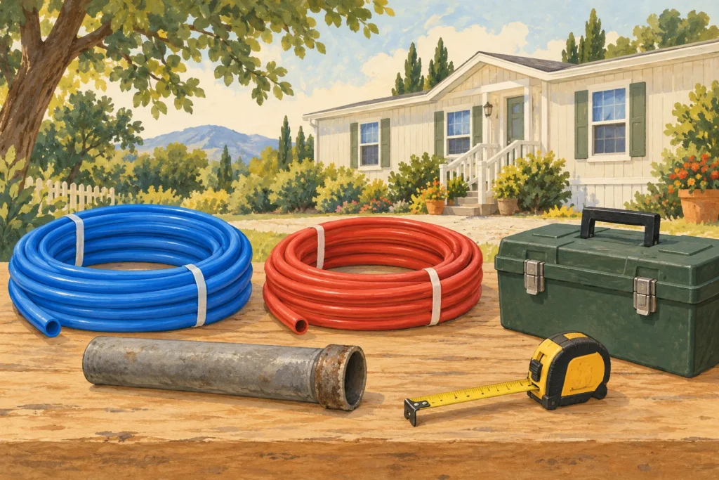 Separate water tubing coils and a legacy pipe sample beside measuring tools.