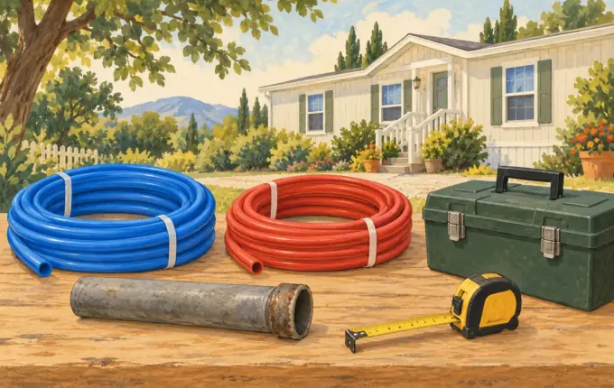 Separate water tubing coils and a legacy pipe sample beside measuring tools.