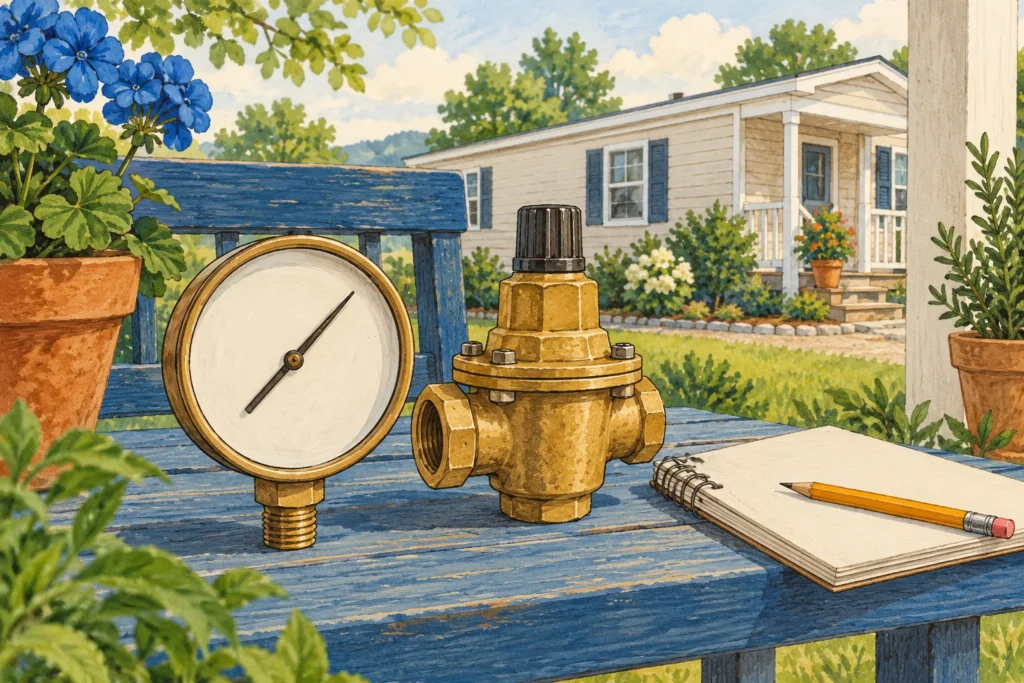 Illustrated pressure gauge and separate regulator beside a recording notebook.