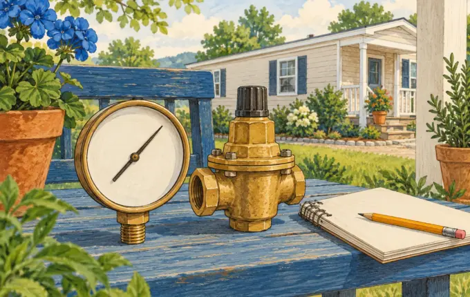 Illustrated pressure gauge and separate regulator beside a recording notebook.