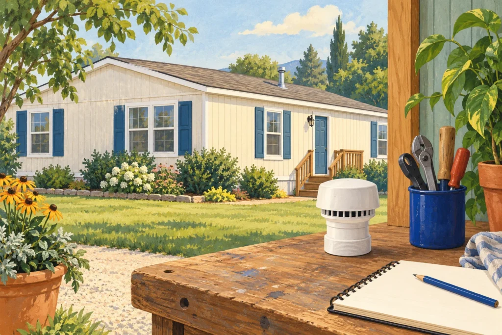 Illustration of a manufactured home with a plumbing vent and a separate air admittance valve