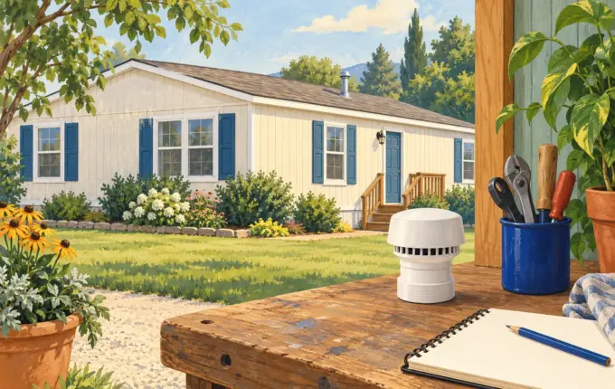 Illustration of a manufactured home with a plumbing vent and a separate air admittance valve