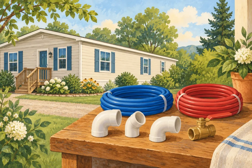 Separate water tubing, drain elbows and valve beside a manufactured home.