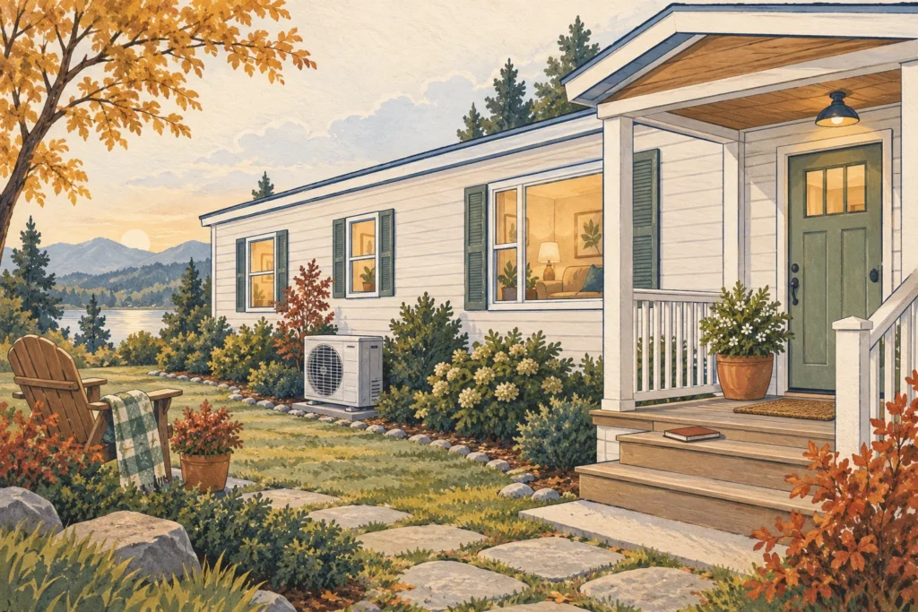 Illustration of a manufactured home and an outdoor heat pump enclosure