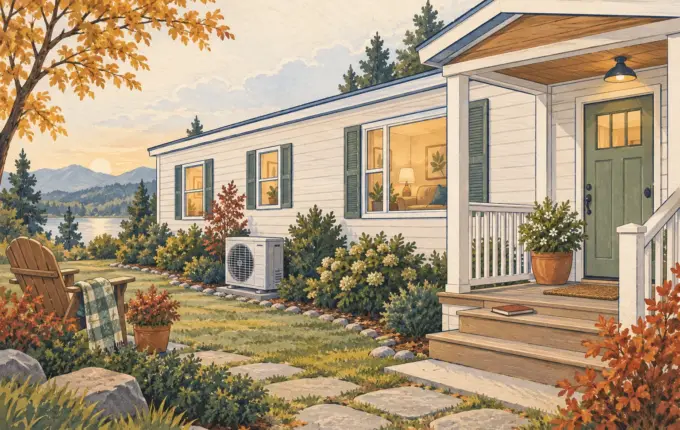 Illustration of a manufactured home and an outdoor heat pump enclosure