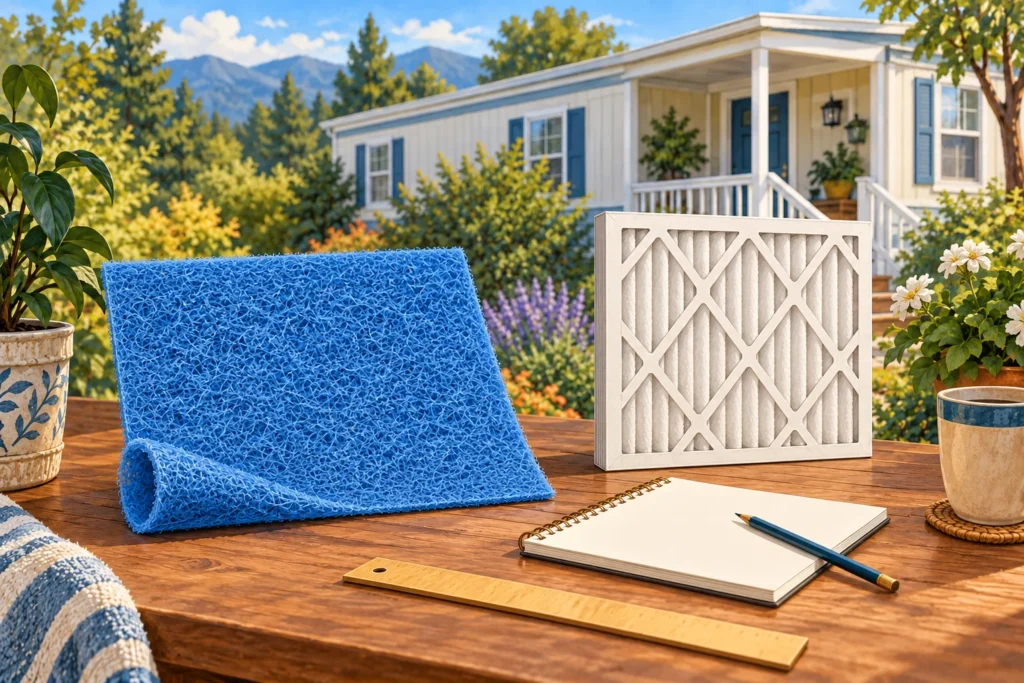 Illustration of separate uninstalled pad and framed air filters beside a ruler and notebook
