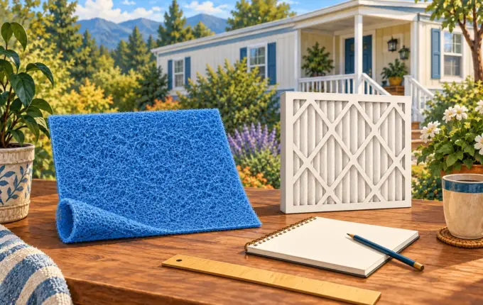 Illustration of separate uninstalled pad and framed air filters beside a ruler and notebook