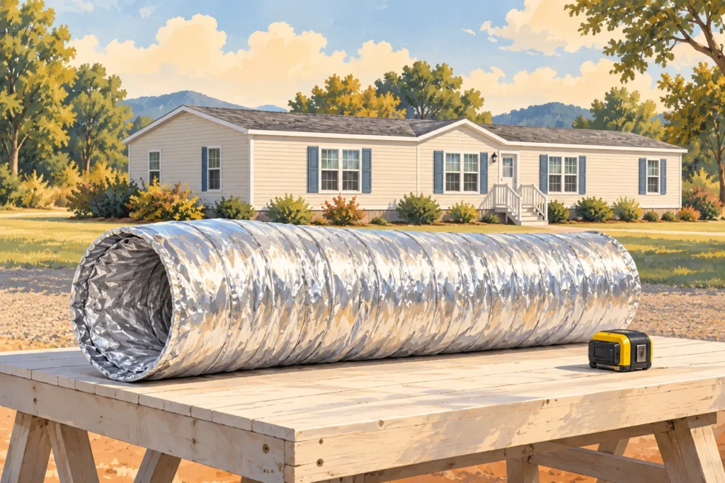 Illustration of an insulated flexible duct sample with a manufactured home in the background