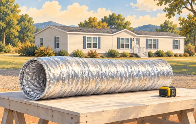 Illustration of an insulated flexible duct sample with a manufactured home in the background