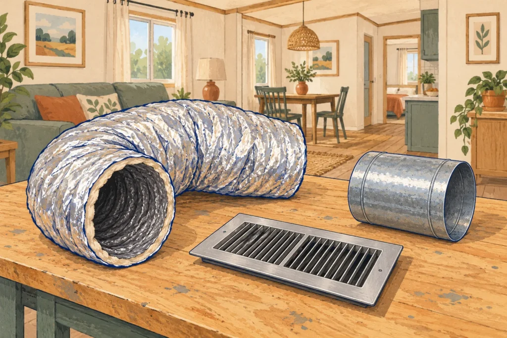 Illustration of separate flexible air duct, register and duct section