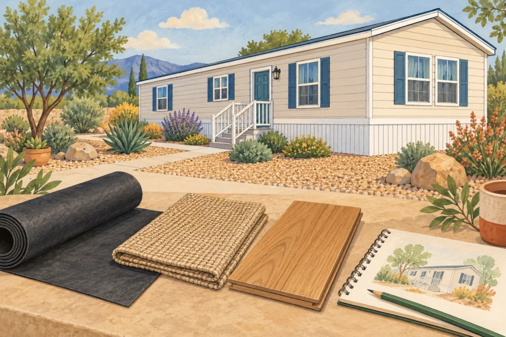 Illustration of an intact manufactured home with separate underfloor material samples