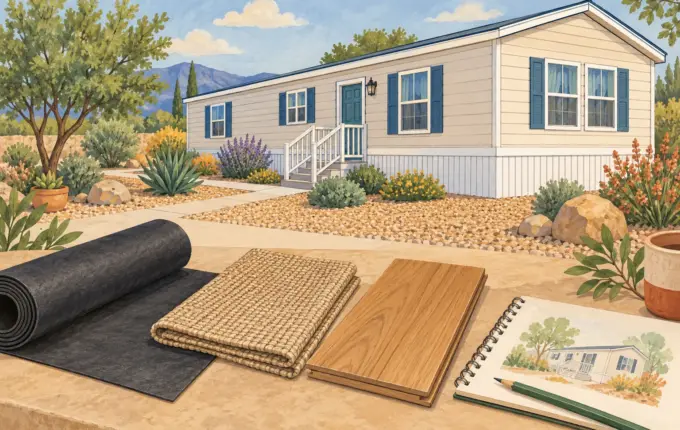 Illustration of an intact manufactured home with separate underfloor material samples