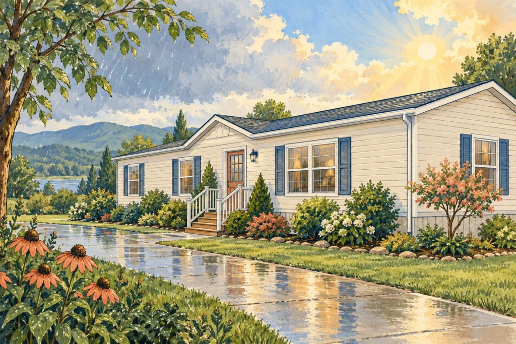 Illustration of a manufactured home exterior with intact roof, siding and landscaping