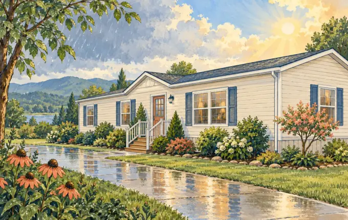 Illustration of a manufactured home exterior with intact roof, siding and landscaping