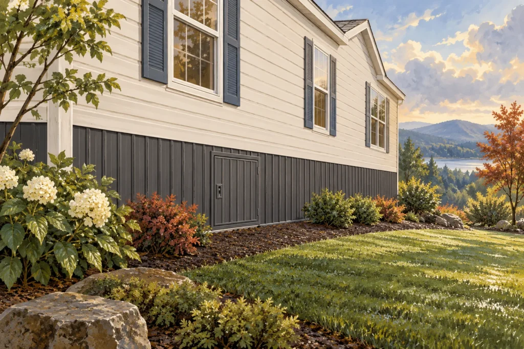 Illustration of manufactured home skirting with an integrated access panel