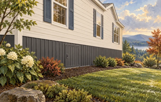 Illustration of manufactured home skirting with an integrated access panel