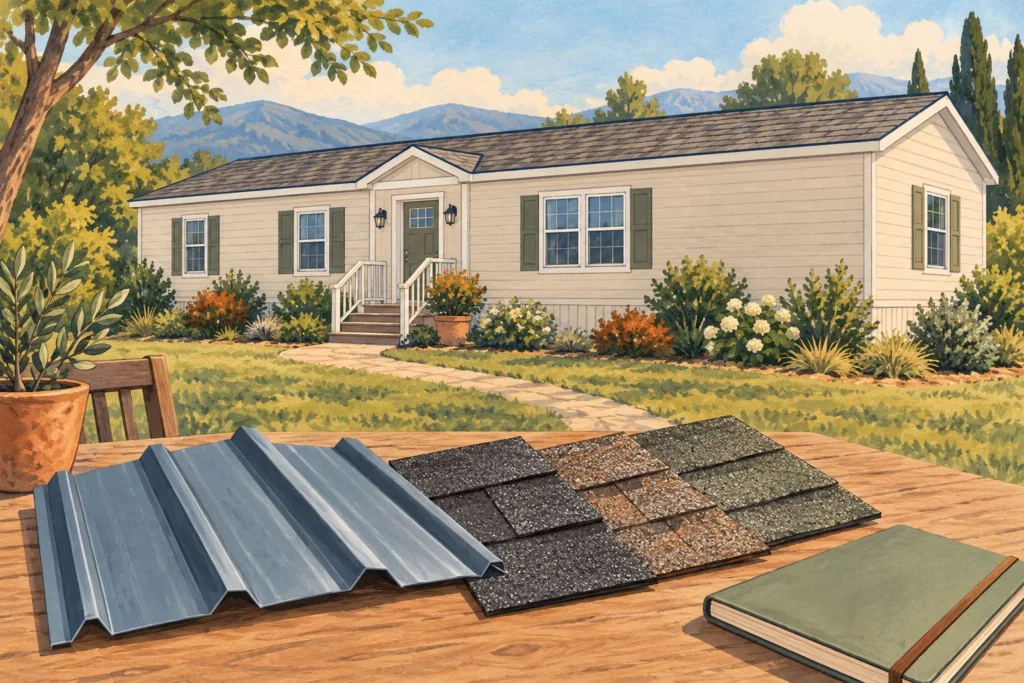 Illustration of a manufactured home roof and separate covering samples