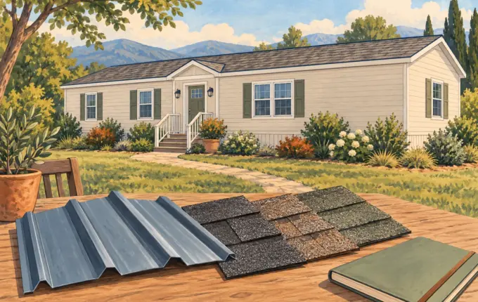 Illustration of a manufactured home roof and separate covering samples