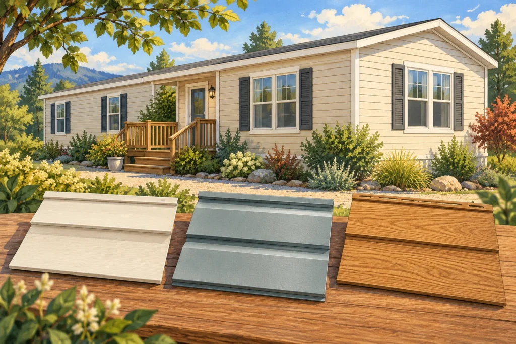 Illustration of a manufactured home exterior and separate cladding samples