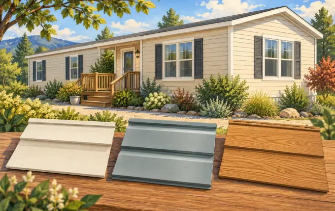 Illustration of a manufactured home exterior and separate cladding samples