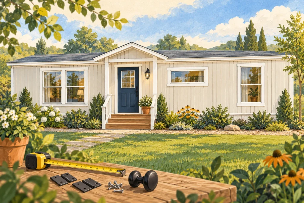 Illustration of a manufactured home with an exterior door and several windows.
