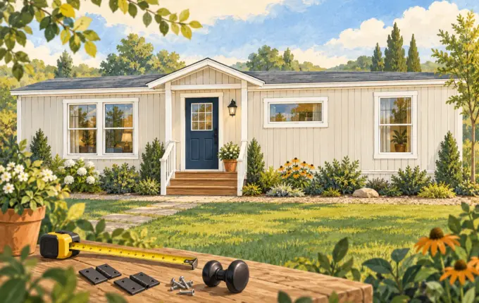 Illustration of a manufactured home with an exterior door and several windows.