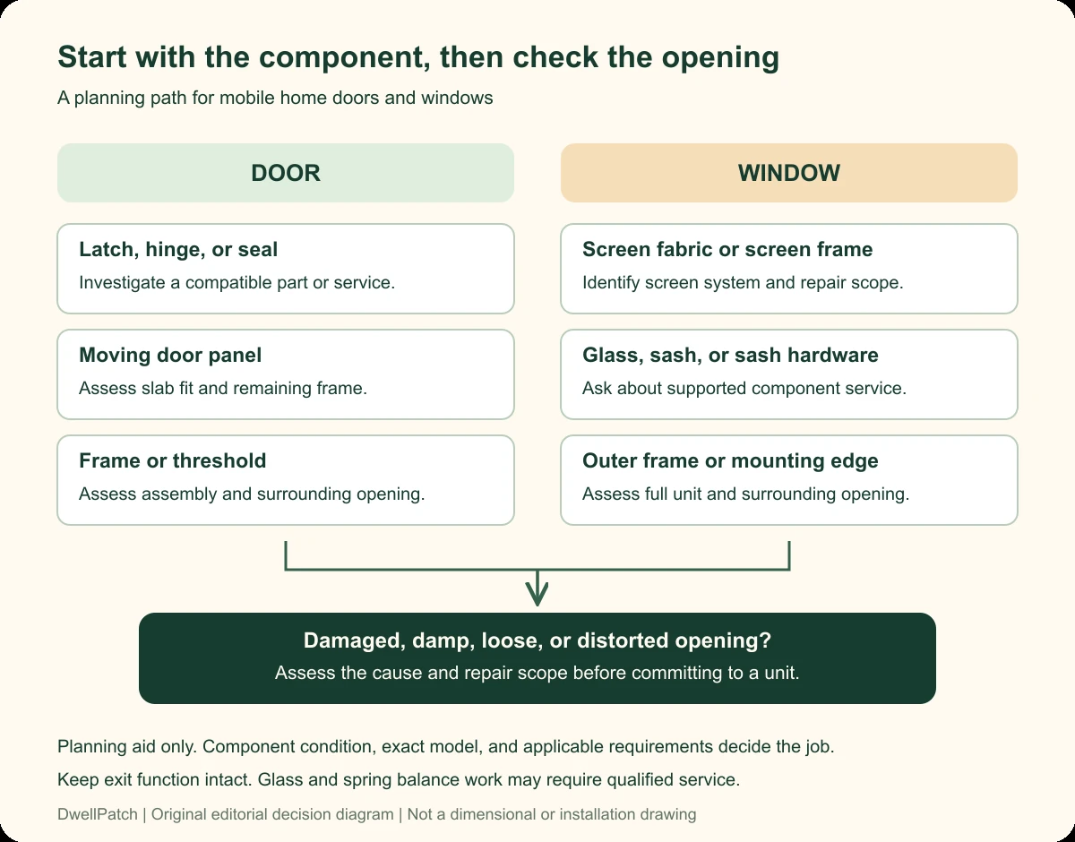 Door and window component repair paths, with a separate check for damaged or distorted wall openings.