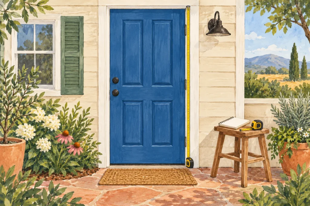 Illustration of an exterior door with measuring tools and a notebook.