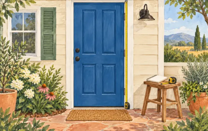 Illustration of an exterior door with measuring tools and a notebook.