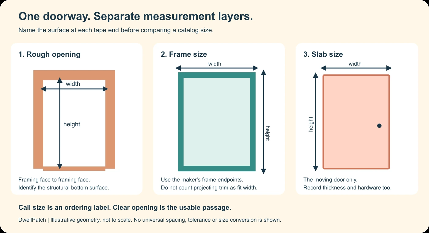 Separate door measurement layers show the wall framing opening, installed frame and moving slab.
