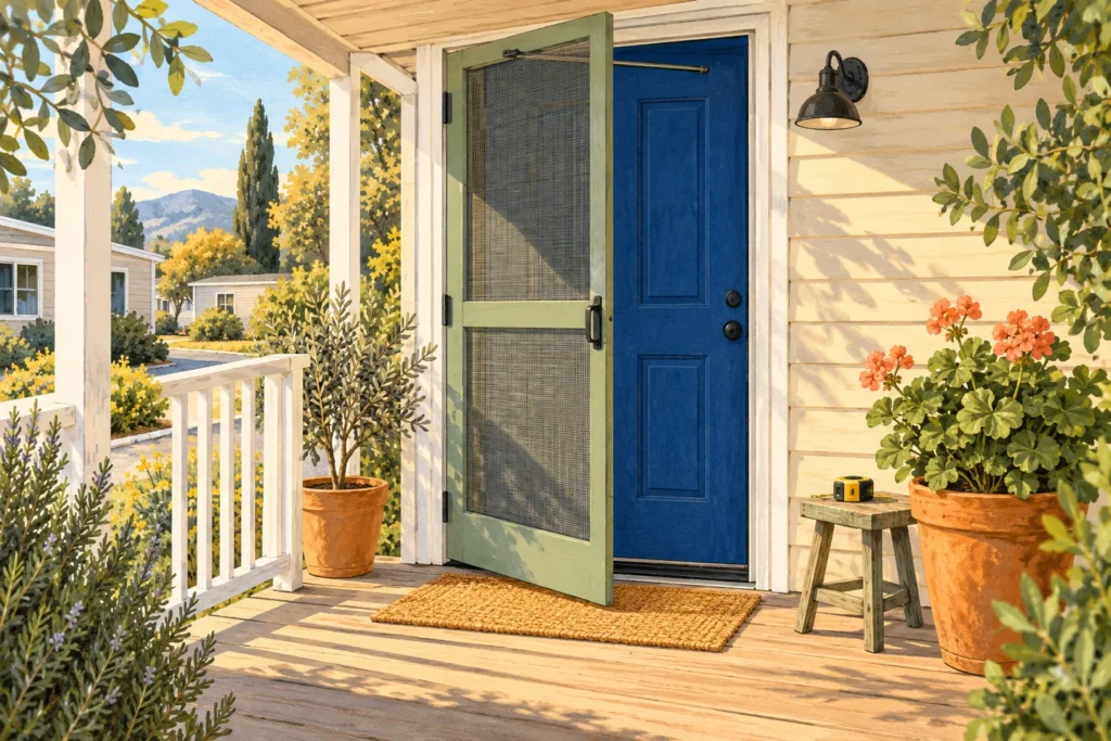 Illustration of a screened entrance on a manufactured home porch.